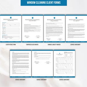 Peut inclure: Un ensemble de formulaires clients pour le nettoyage de vitres, imprim&eacute;s sur papier blanc avec des en-t&ecirc;tes et du texte bleus. Les documents incluent une fiche client, une d&eacute;charge de responsabilit&eacute; et un contrat de service professionnel.