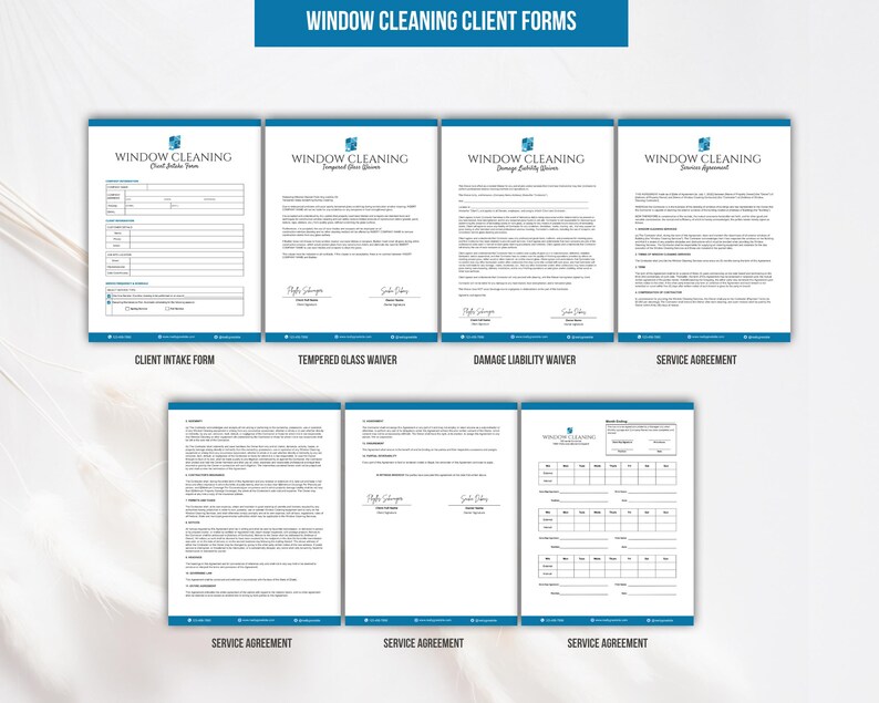 Peut inclure: Un ensemble de formulaires clients pour le nettoyage de vitres, imprim&eacute;s sur papier blanc avec des en-t&ecirc;tes et du texte bleus. Les documents incluent une fiche client, une d&eacute;charge de responsabilit&eacute; et un contrat de service professionnel.
