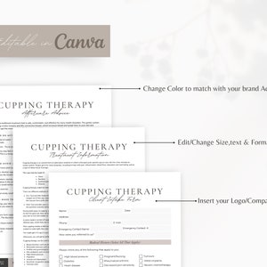 May include: A printable cupping therapy client intake form with sections for client information, medical history, and treatment information. The form has a light brown background with black text.