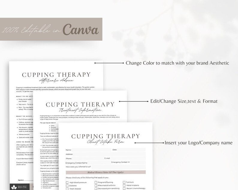 May include: A printable cupping therapy client intake form with sections for client information, medical history, and treatment information. The form has a light brown background with black text.
