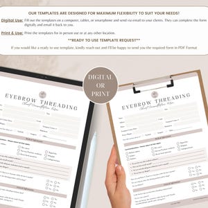 Op de afbeelding: Een sjabloon voor een consultatieformulier voor wenkbrauwthreading, weergegeven op een tabletscherm en een klembord. Het document bevat secties voor persoonlijke gegevens, medische informatie en algemene vragen met selectievakjes.