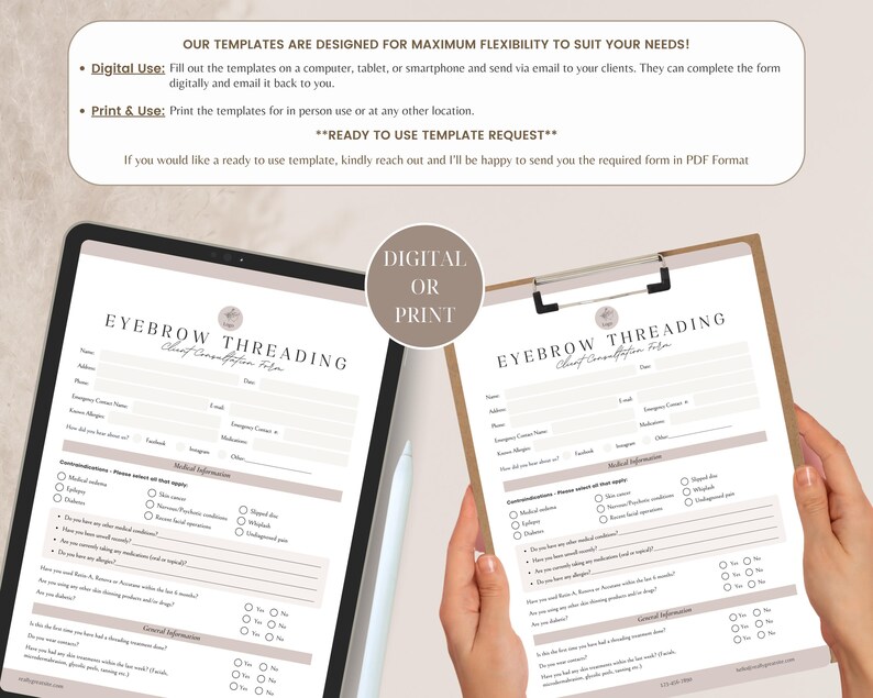 Op de afbeelding: Een sjabloon voor een consultatieformulier voor wenkbrauwthreading, weergegeven op een tabletscherm en een klembord. Het document bevat secties voor persoonlijke gegevens, medische informatie en algemene vragen met selectievakjes.
