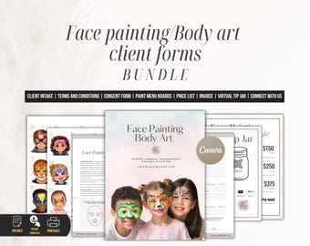 Paquete de pintura facial y arte corporal, plantilla de contrato editable, formulario de admisión para pintores faciales para eventos, kit para clientes de pintores faciales para eventos.