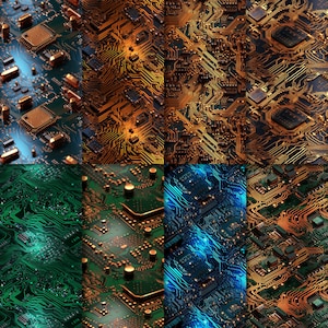 May include: A collage of six images showing different patterns of circuit boards. The circuit boards are in various colors, including green, blue, and gold. The images are arranged in a grid pattern.