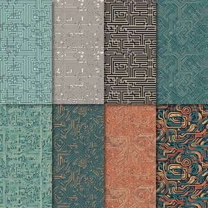 May include: Set of eight seamless patterns featuring intricate geometric designs in various shades of blue, green, brown, and beige. The patterns resemble circuit boards or mazes.