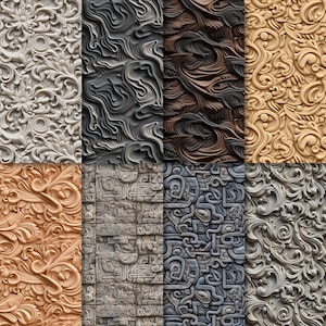 May include: A digital collage of eight different textured patterns. The patterns are all in shades of gray, brown, and beige. The patterns are all intricate and detailed, and they would be perfect for use in a variety of design projects.