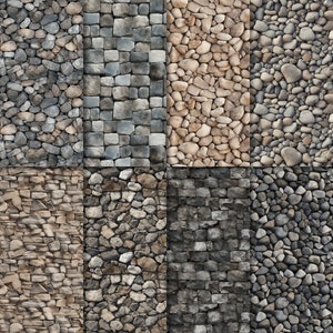 May include: A collage of nine different stone wall textures. The textures include smooth, rough, and patterned stones in various shades of gray, brown, and beige.