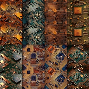 May include: A collage of nine images showing different patterns of circuit boards. The circuit boards are in various shades of green, brown, and gold.