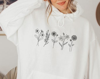 Moletom personalizado com flores de nascimento, presente para ela, presente para o dia das mães, camisa personalizada com flores de nascimento, presente sentimental, moletom com flores