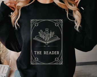 Le sweat-shirt Reader Tarot Card pour les amateurs de livres, cadeau pour le sweat-shirt Bookworm pour le lecteur, la chemise livresque minimale, le sweat-shirt moralement gris