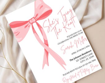 Shes Tying The Knot Bridal Shower Invitation Evite, Editable Invite, Instant Digital Download, Customized Coquette Wedding Event, Pink Bow