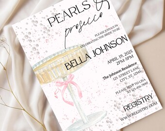 Pink Pearls and Prosecco Bridal Shower Custom Invitation, Editable Digital Invite Evite, Wedding Event Template Bride to Be, Bubbles Bubbly