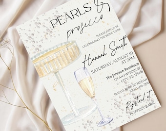 Pearls and Prosecco Bridal Wedding Shower Editable Invitation Template Bride To Be, Customizable Invite, Champagne and Bubbly Bubbles Theme