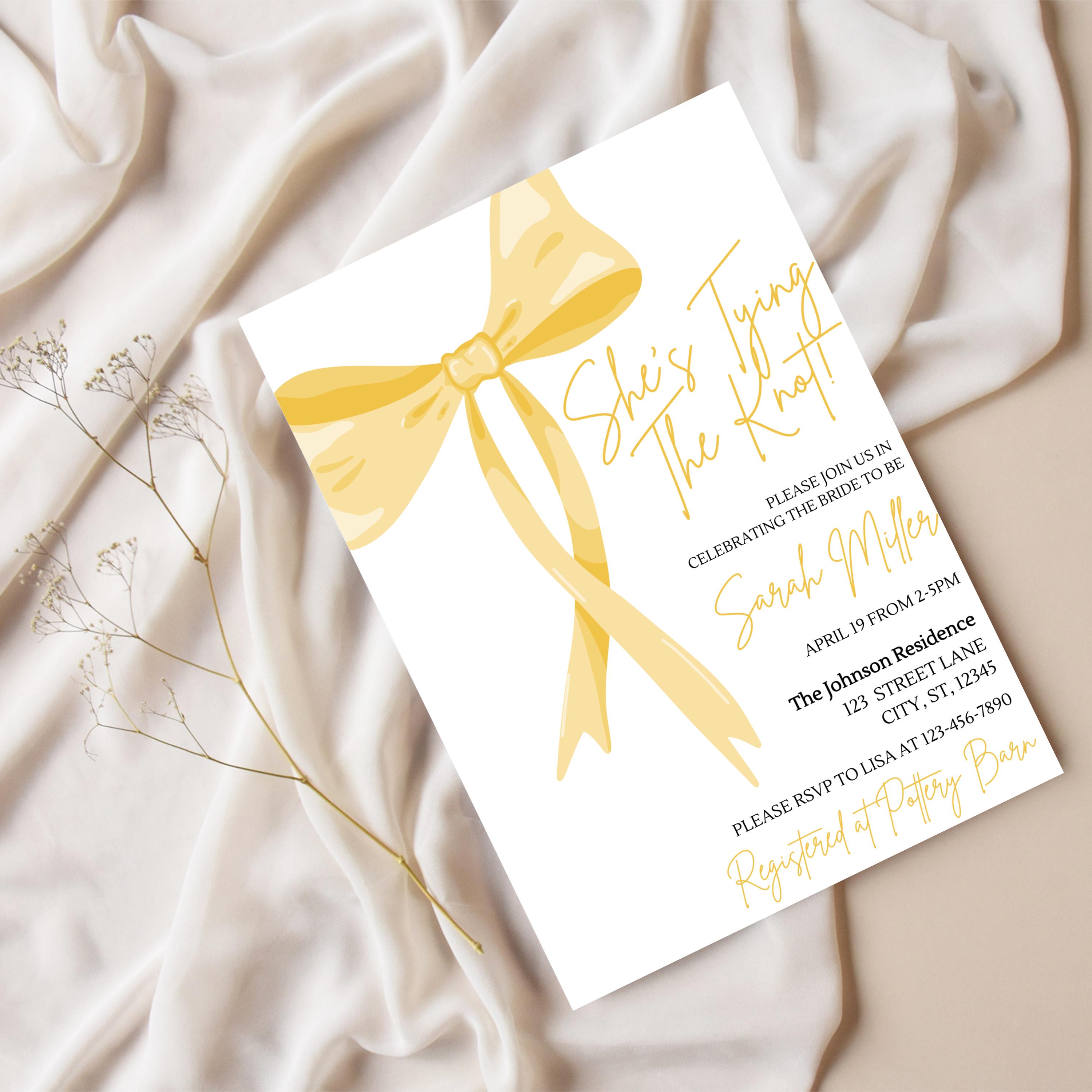 Shes Tying The Knot Bridal Shower Invitation Evite, Editable Invite, Instant Digital Download, Customized Coquette Wedding Event, Yellow Bow