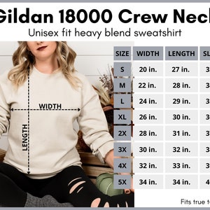 May include: A size chart for a Gildan 18000 Crew Neck sweatshirt. The chart shows the width, length, and sleeve length in inches for sizes S through 5X.