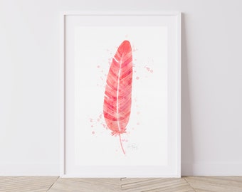 Red Feather Watercolor Painting, Nature Giclee, Feather Painting, Boho Chic Wall Art, Bohemian Home Decor