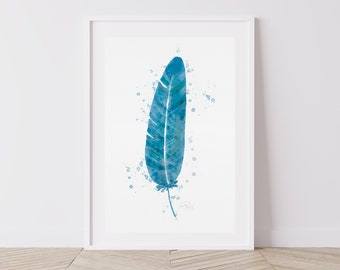 Blue Feather Watercolor Painting, Nature Giclee, Feather Painting, Boho Chic Wall Art, Bohemian Home Decor