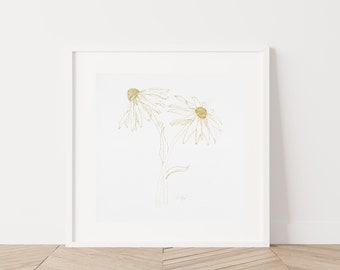 Floral Line Art Print, Gold Wall Decor, Plant Giclee, Ink Drawing, Minimalist Artwork, Blackeyed Susan