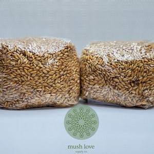May include: Two clear plastic bags filled with raw oat groats. The bags are sitting on a white surface. The text "mush love supply co." is printed on the surface.