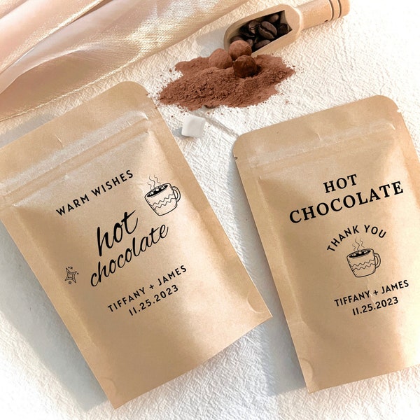 Personalized Hot Chocolate Favors Custom Hot Chocolate Pouch Thank You Favors for Guests Hot Cocoa Gift Winter Wonderland Wedding Favors Bag