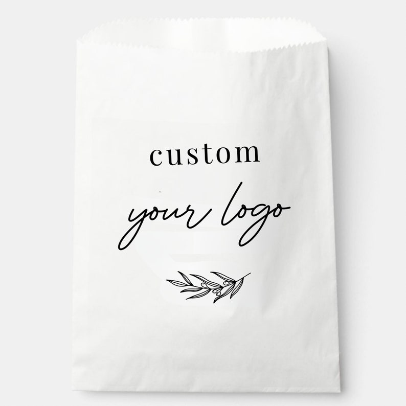 May include: White paper bag with the text "custom your logo" and a small black floral design.