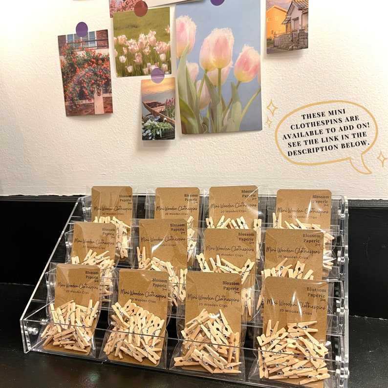 May include: A clear acrylic display case filled with small bags of wooden clothespins. Each bag contains 20 clothespins and is labeled "Blossom Paperie Mini Wooden Clothespins".