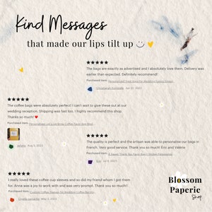 May include: Five-star reviews for a small business called Blossom Paperie Shop. The reviews highlight the quality of the products and the excellent customer service. The reviews are accompanied by a heart emoji and a smiley face emoji.