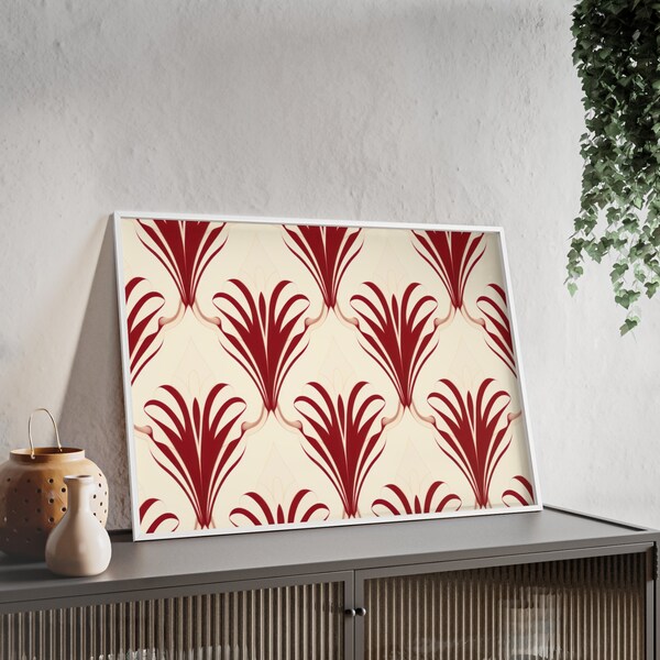Poster: Rot, Creme Symmetrisches Luxuriöses Design mit Holzrahmen und Acrylglas. Modernes minimalistisches Poster. Abstrakte Wandkunst.
