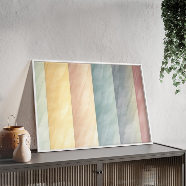 Poster: Warm Kalt mit verschiedenen Pastel Wasserfarben im Streifenmuster mit Holzrahmen und Acrylglas. Modernes minimalistisches Poster