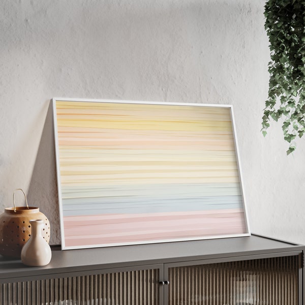 Poster: Warme Pastelfarben im Streifenmuster Design mit Holzrahmen und Acrylglas. Modernes minimalistisches Poster. Abstrakte Wandkunst.