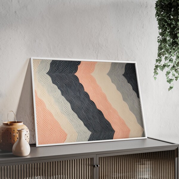 Poster: Grau, Beige, Peach Wellenmuster mit Holzrahmen und Acrylglas. Modernes minimalistisches Poster. Abstrakte neutrale Wandkunst.
