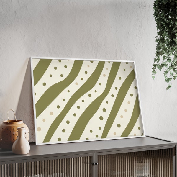 Poster: Olive, Grün, Beige Punkte Wellenmuster mit Holzrahmen und Acrylglas. Modernes minimalistisches Poster. Abstrakte neutrale Wandkunst