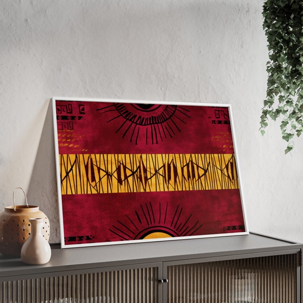 Poster: Rot, Gelb Afrikanischer Vintage Teppich Design mit Holzrahmen und Acrylglas. Modernes minimalistisches Poster. Abstrakte Wandkunst.