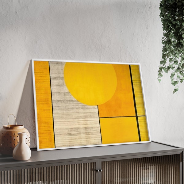 Poster: Gelb, Graue geometrische Formen mit Holzrahmen und Acrylglas. Modernes minimalistisches Poster. Abstrakte neutrale Wandkunst.