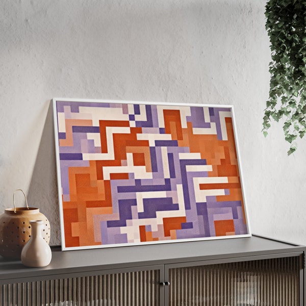Poster: Orange, Lila, Beige Pixel Design Abstrakt mit Holzrahmen und Acrylglas. Modernes minimalistisches Poster. Abstrakte Wandkunst.