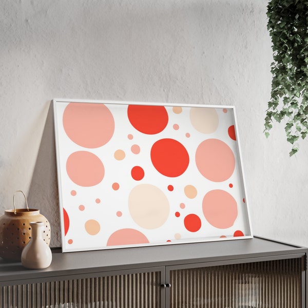 Poster: Rot, Pink, Beige, Weiße Kreise Muster mit Holzrahmen und Acrylglas. Modernes minimalistisches Poster. Abstrakte neutrale Wandkunst.