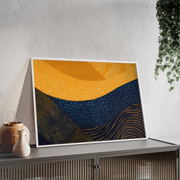 Poster: Dunkelblau, Orange, Schwarzes Wellenmuster 3D Teppichstruktur mit Holzrahmen und Acrylglas. Modernes minimalistisches Poster