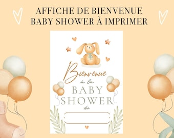 Affiche Bienvenue décoration Baby Shower à imprimer Format A4 A3 ou A2 (poster) Design Peluche Petit Lapin