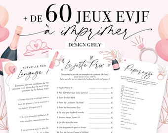 Jeux EVJF à imprimer - Pack de 60 Jeux Enterrement de vie de jeune fille en français - jeu evjf - jeux mariage - animations evjf - girly