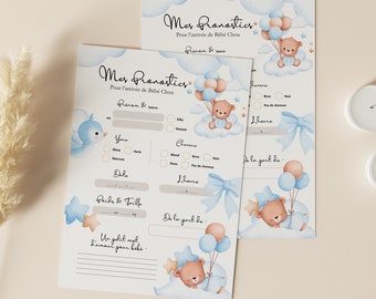 Cartes de pronostics pour la naissance de bébé à imprimer Carte de prédictions bébé pour Baby Shower ou Gender Reveal - Design Ourson Bleu