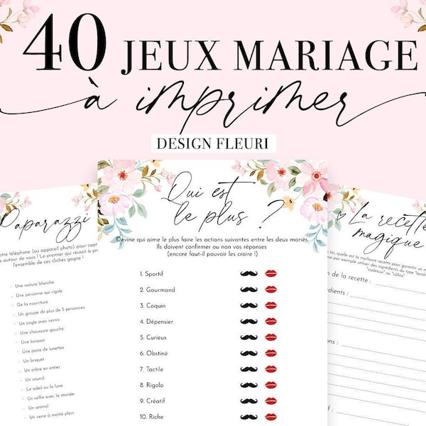 Jeux Mariage à imprimer Pack de 40 Jeux pour mariage en français Animations mariage Design fleurs