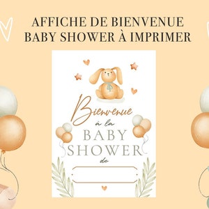 Affiche Bienvenue décoration Baby Shower à imprimer Format A4 A3 ou A2 poster Design Peluche Petit Lapin image 1