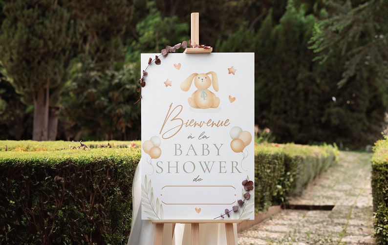 Affiche Bienvenue décoration Baby Shower à imprimer Format A4 A3 ou A2 poster Design Peluche Petit Lapin image 5