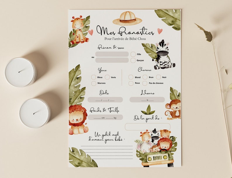 Cartes de pronostics pour la naissance de bébé à imprimer Carte de prédictions bébé pour Baby Shower ou Gender Reveal Design Animaux Jungle image 1