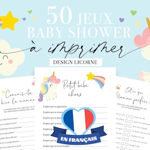 Jeux Baby Shower à imprimer - 50 Jeux Fête Prénatale - Pack Activités Baby Shower en français - Prédiction Bébé Français - Licorne
