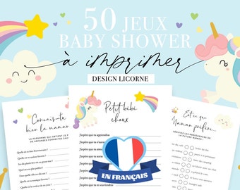 Jeux Baby Shower à imprimer design licorne Cadeau futurs parents Activités pour famille et amis Baby Shower en français