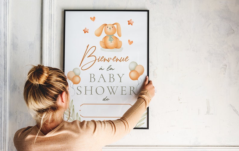 Affiche Bienvenue décoration Baby Shower à imprimer Format A4 A3 ou A2 poster Design Peluche Petit Lapin image 3