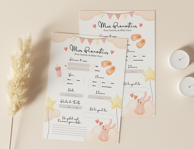 Cartes de pronostics pour la naissance de bébé à imprimer Prédictions naissance bébé Baby Shower ou Gender Reveal Design Lapin Orange image 1