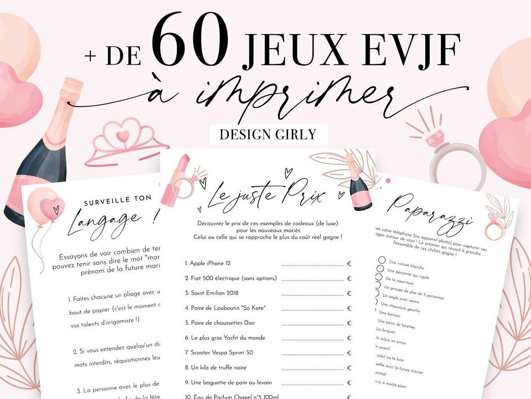 Jeux EVJF à imprimer - Pack de 60 Jeux Enterrement de vie de jeune