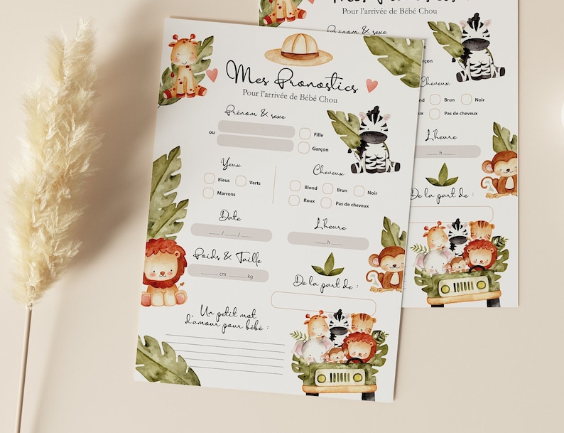 Cartes de pronostics pour la naissance de bébé à imprimer Carte de prédictions bébé pour Baby Shower ou Gender Reveal Design Animaux Jungle image 3